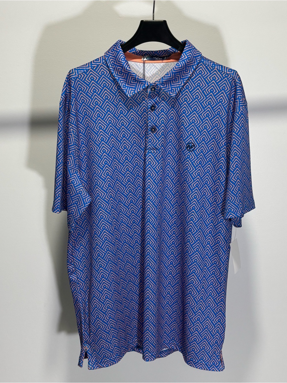 Next Flex Stretch Quick Dry Geometric Blue/Pink Polo Shirt Men's L